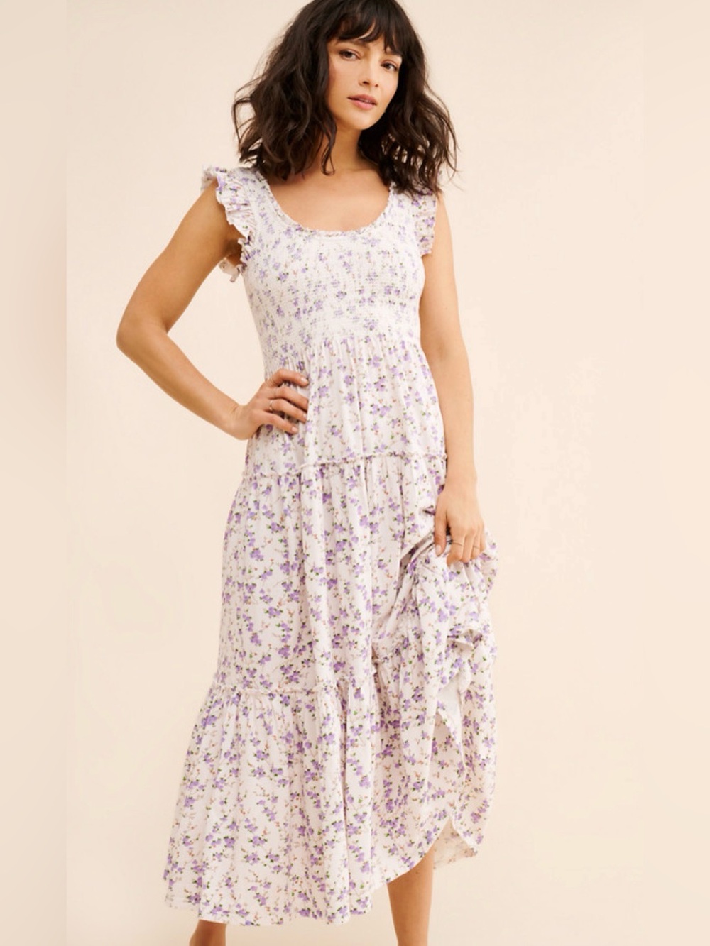 LoveShackFancy Chessie Lavender Floral Ruffle Strap Dress